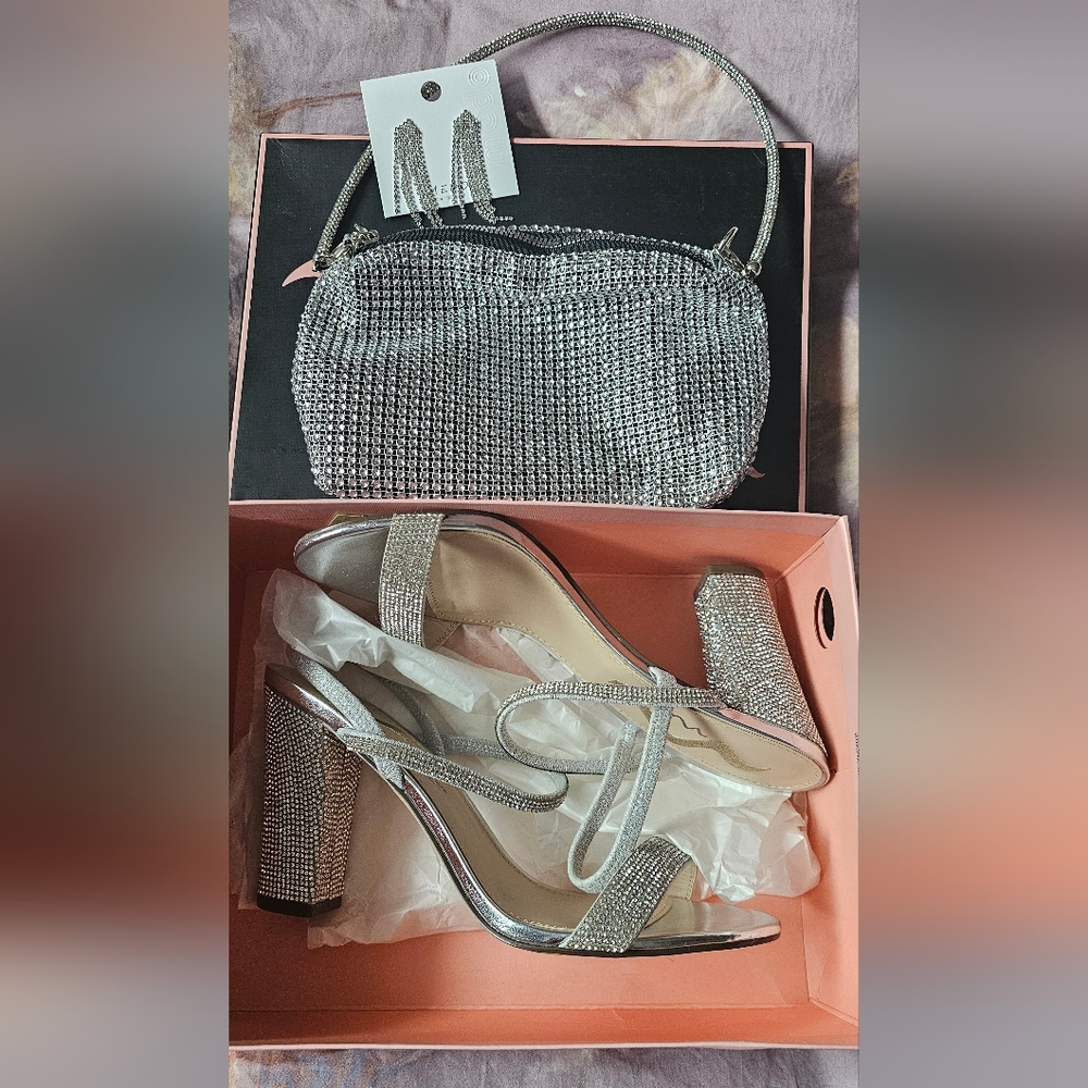 Silver Rhinestone Heels and Clutch Set